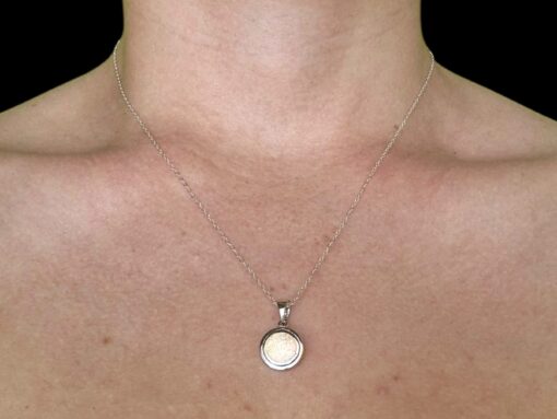 White Opal Pendant Radiant Circle Silver Jewelry Wear Shot - Model Shot - Lefkara Silver