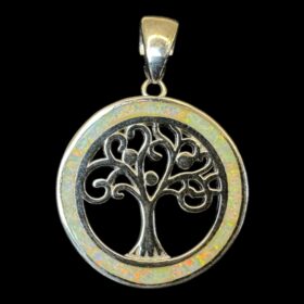 White Opal Pendant Tree of Life Halo Silver Jewelry Product Shot - Isolated View - Lefkara Silver