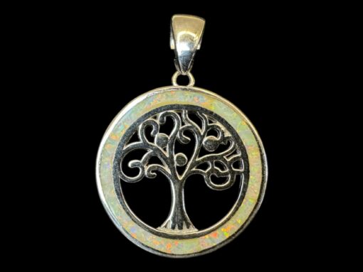 White Opal Pendant Tree of Life Halo Silver Jewelry Product Shot - Isolated View - Lefkara Silver