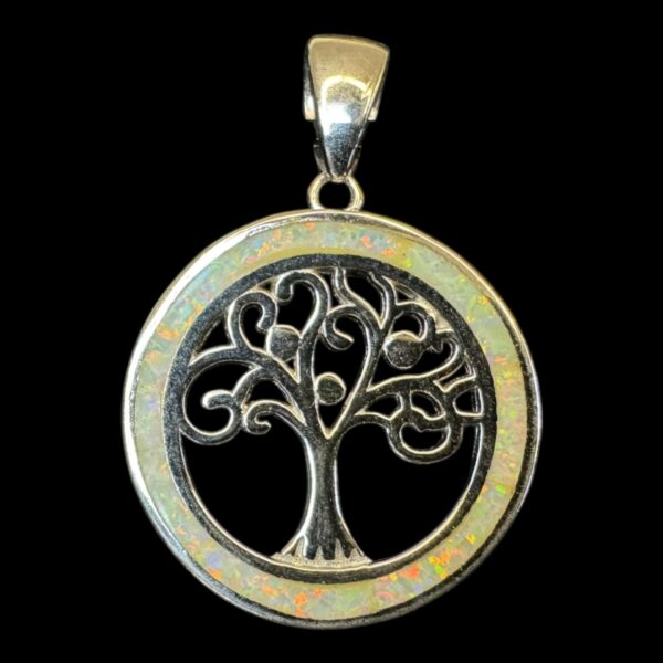 White Opal Pendant Tree of Life Halo Silver Jewelry Product Shot - Isolated View - Lefkara Silver