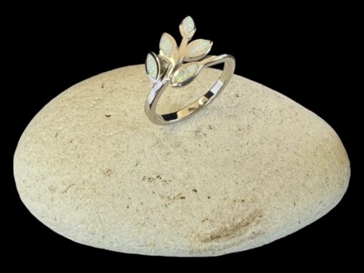 White Opal Ring Laurel Branch Silver Jewelry Display Shot - Prop Shot - Lefkara Silver