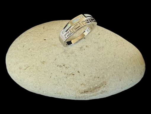 White Opal Ring Meander Shine Silver Jewelry Display Shot - Prop Shot - Lefkara Silver