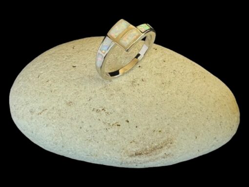 White Opal Ring Mosaic Band Silver Jewelry Display Shot - Prop Shot - Lefkara Silver