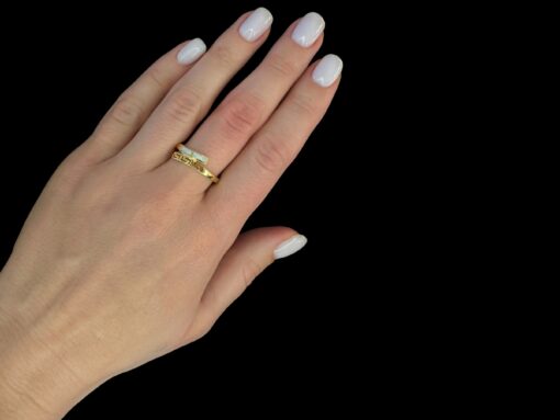 White Opal Ring Mosaic Tile Gold Plated Jewelry Wear Shot - Model Shot - Lefkara Silver