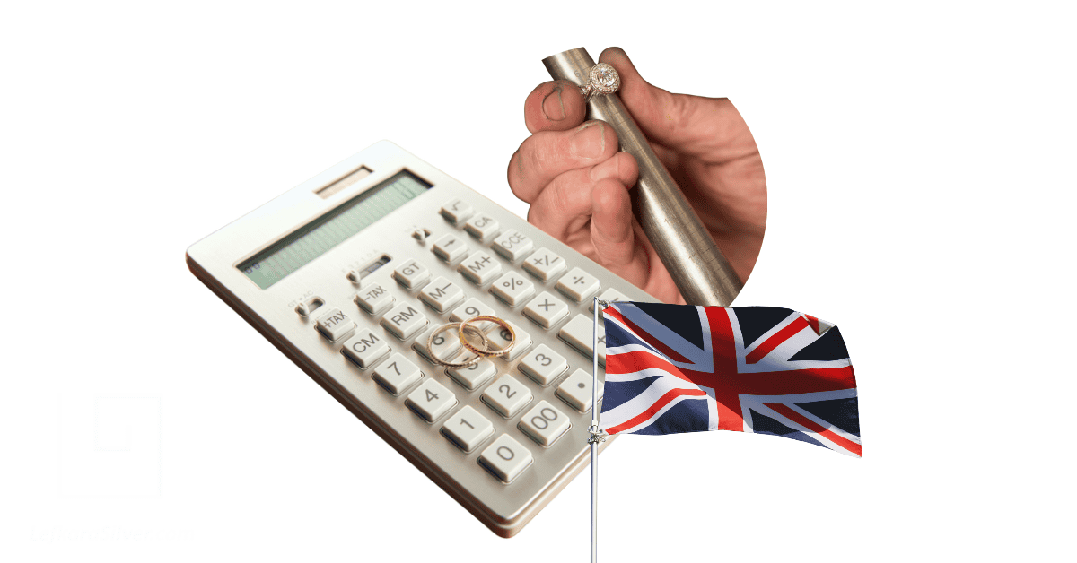 A calculator with wedding rings on it and a UK flag, depicting a UK ring size conversion table
