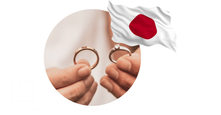 A couple holding up engagement rings next to a Japanese flag, depicting the Japanese ring size conversion calculator