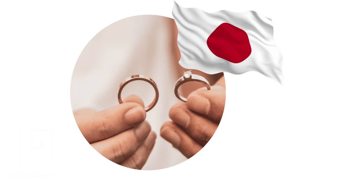 A couple holding up engagement rings next to a Japanese flag, depicting the Japanese ring size conversion calculator