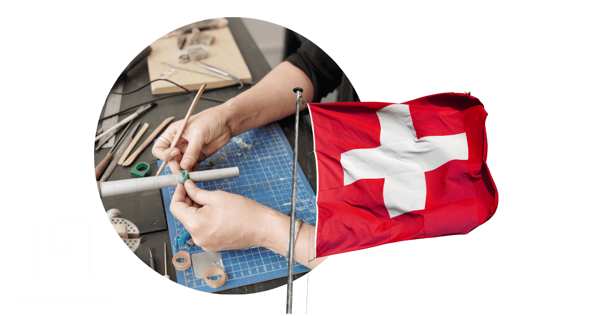 A person taking measurements for a ring, with a swiss flag by the side, depicting the Swiss ring size conversion calculator