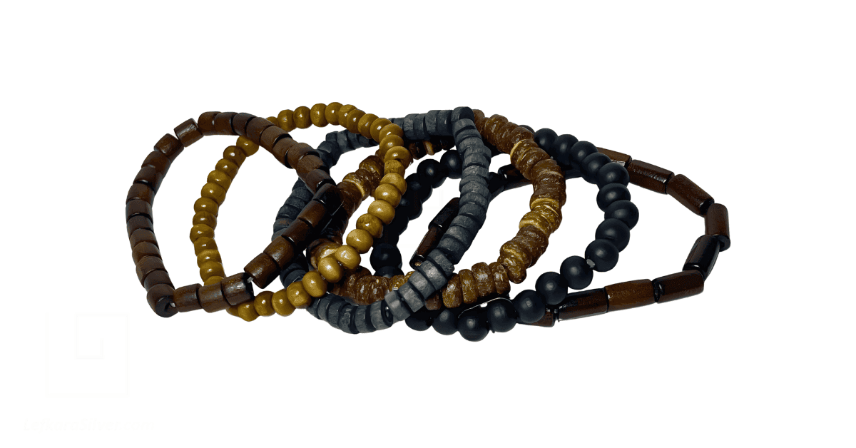 a stack of wooden eco-friendly bracelets. 