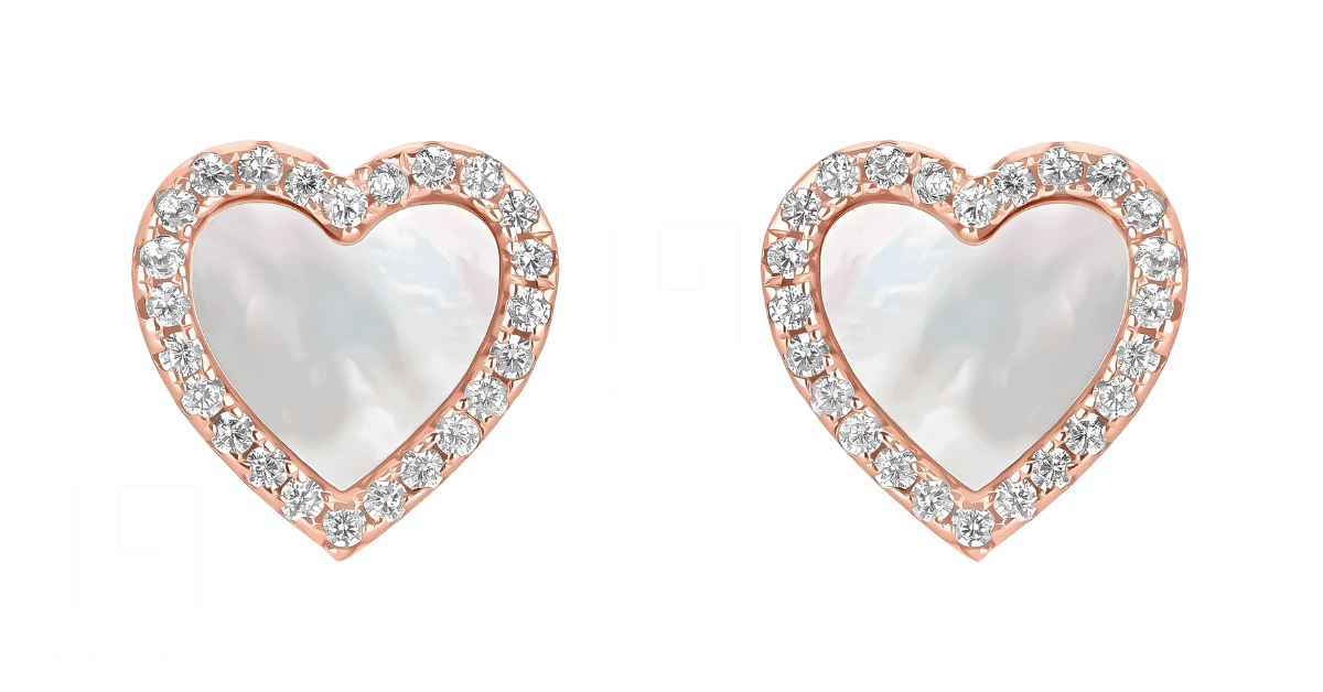 a pair of pink rose heart-shaped pearl earrings. 
