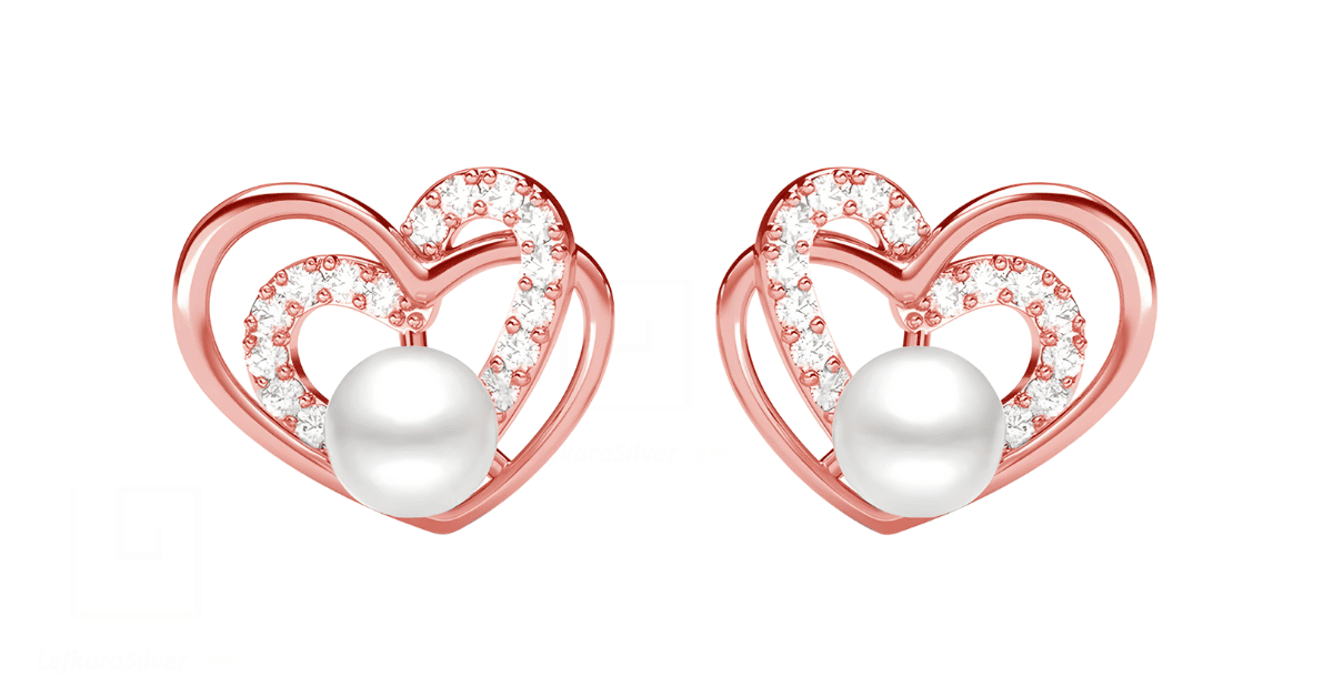 a pair of pink rose heart-shaped pearl earrings. 