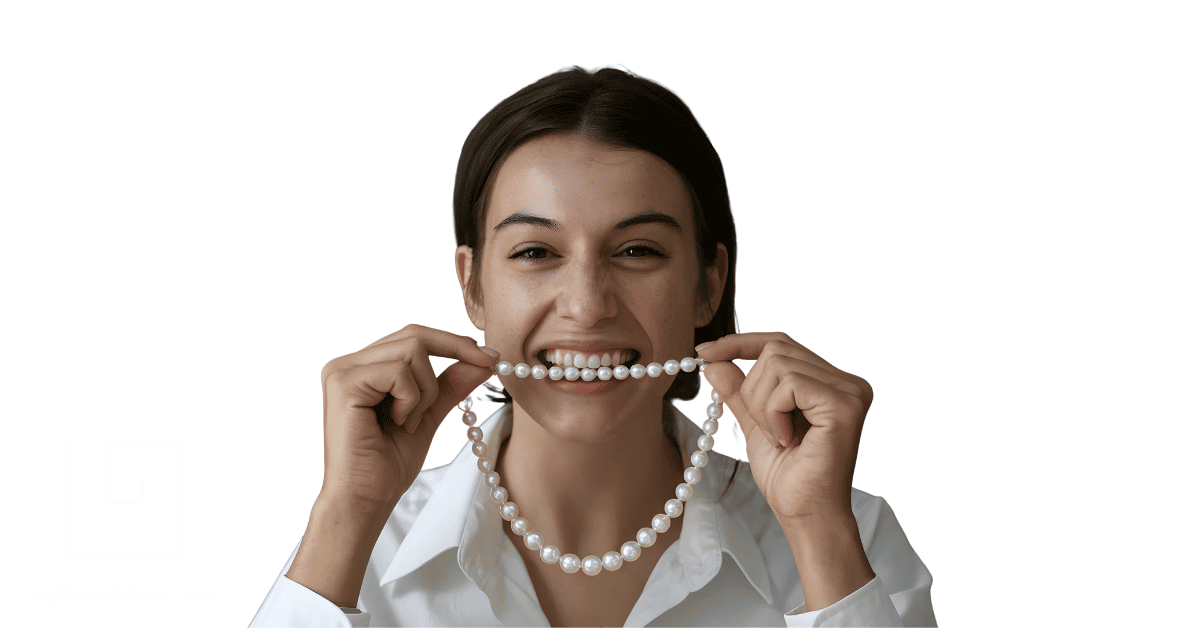 a person biting down on a Pearl necklace.