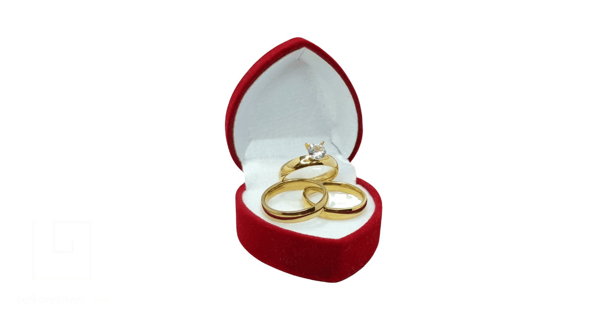 Open boxed wedding rings.