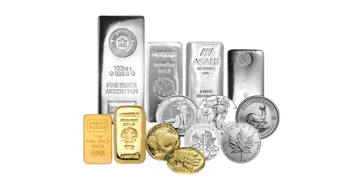 Gold, and silver bars and coins.