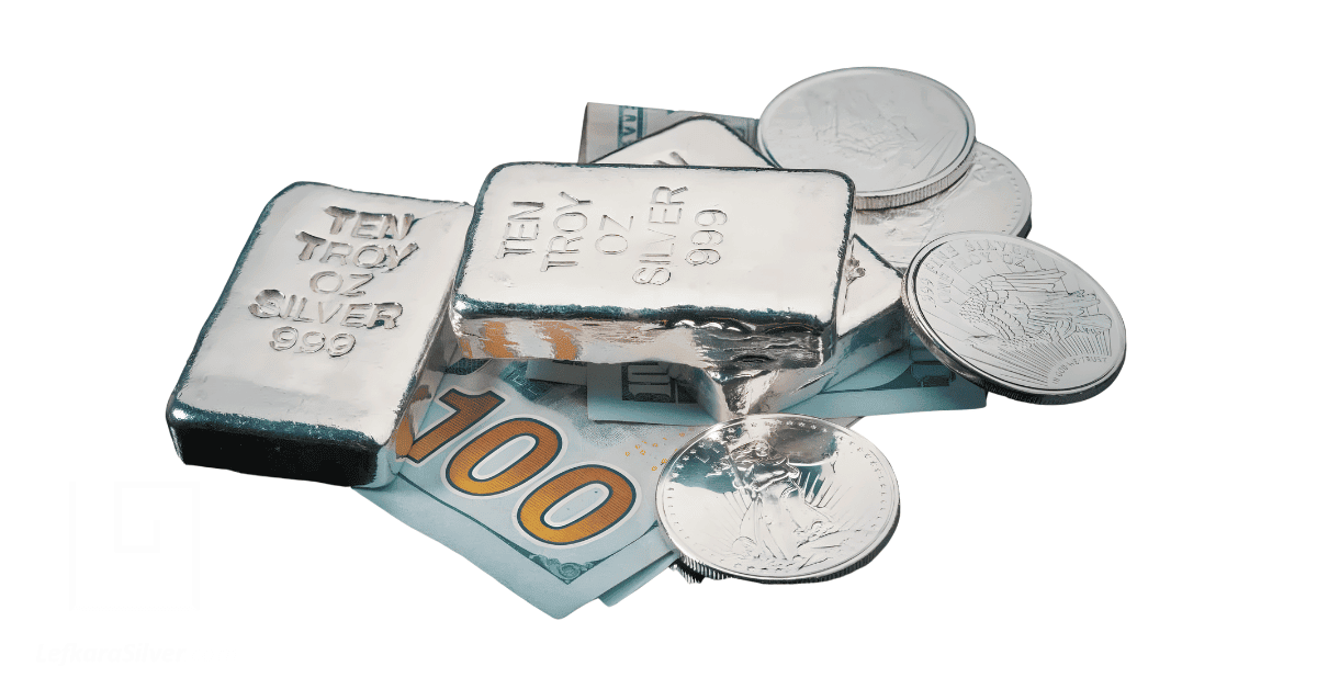 Silver bars, coins and some dollar bills.