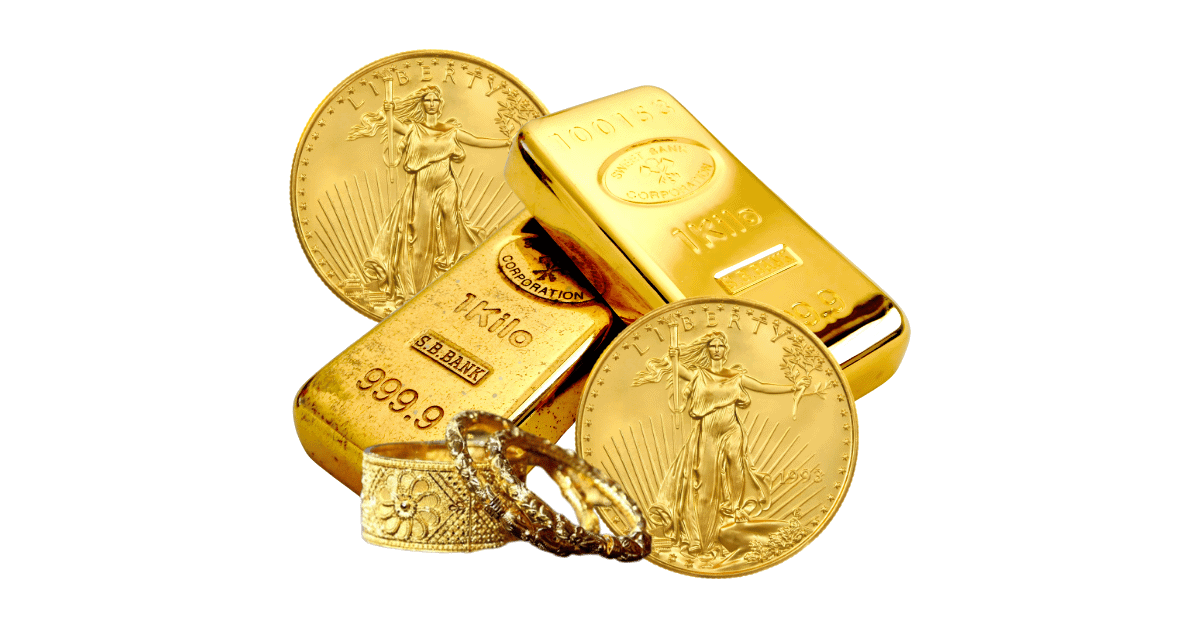 Gold bars, jewelry and coins.