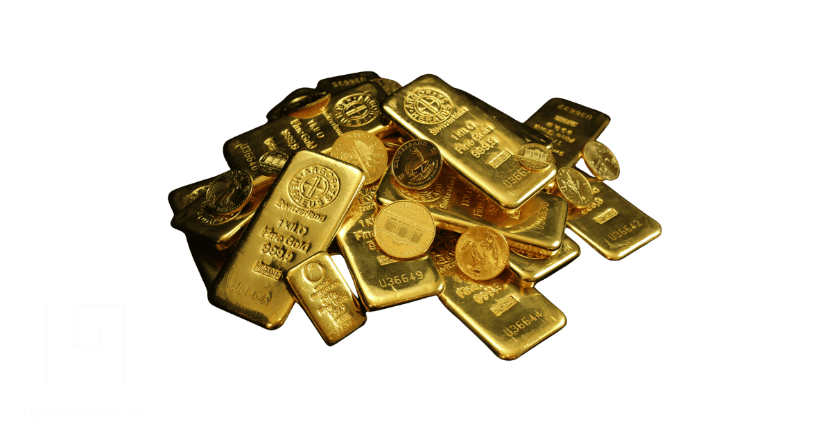 a pile of gold bars and coins.