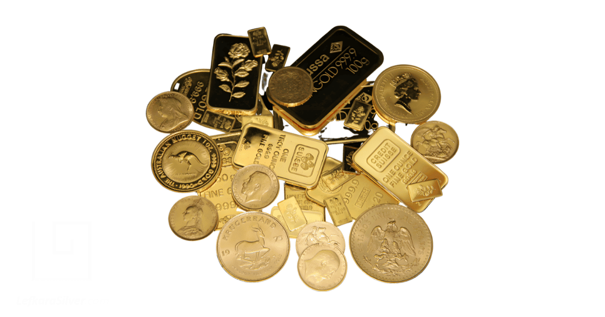 Gold bars and coins. 