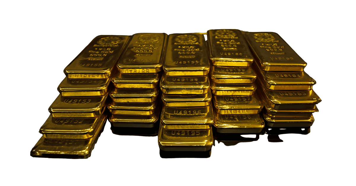 A line-up of gold bars in a store.