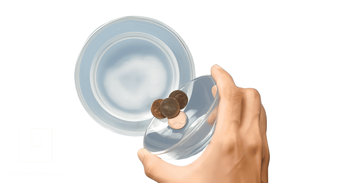 a person's hand pouring gold coins into a liquid for cleaning.