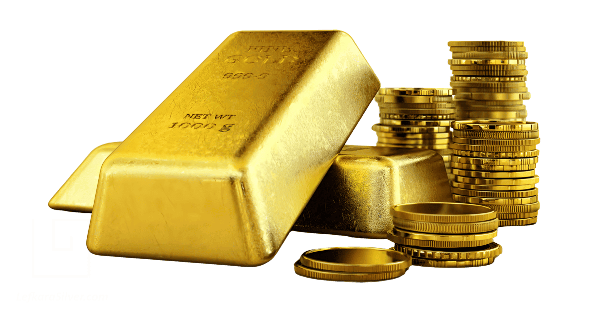 gold bars and coins.