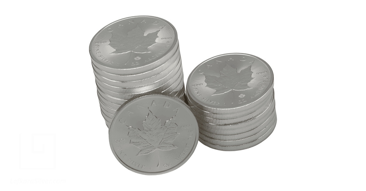 A stack of Maple Leaf silver coins. 