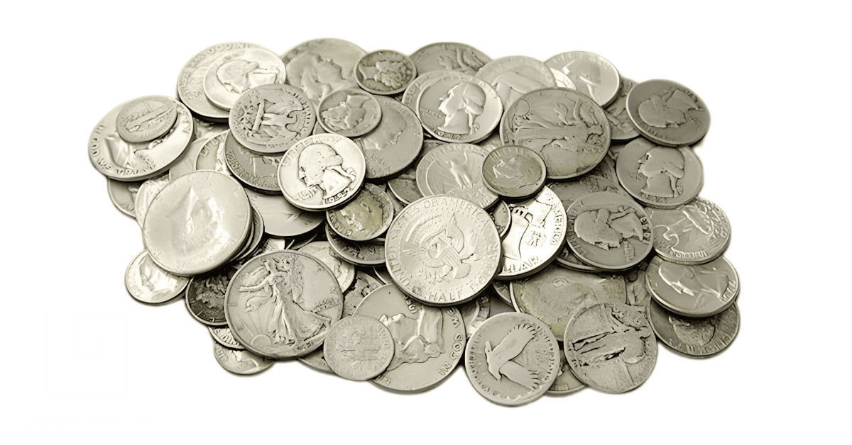 a pile of antique silver coins. 