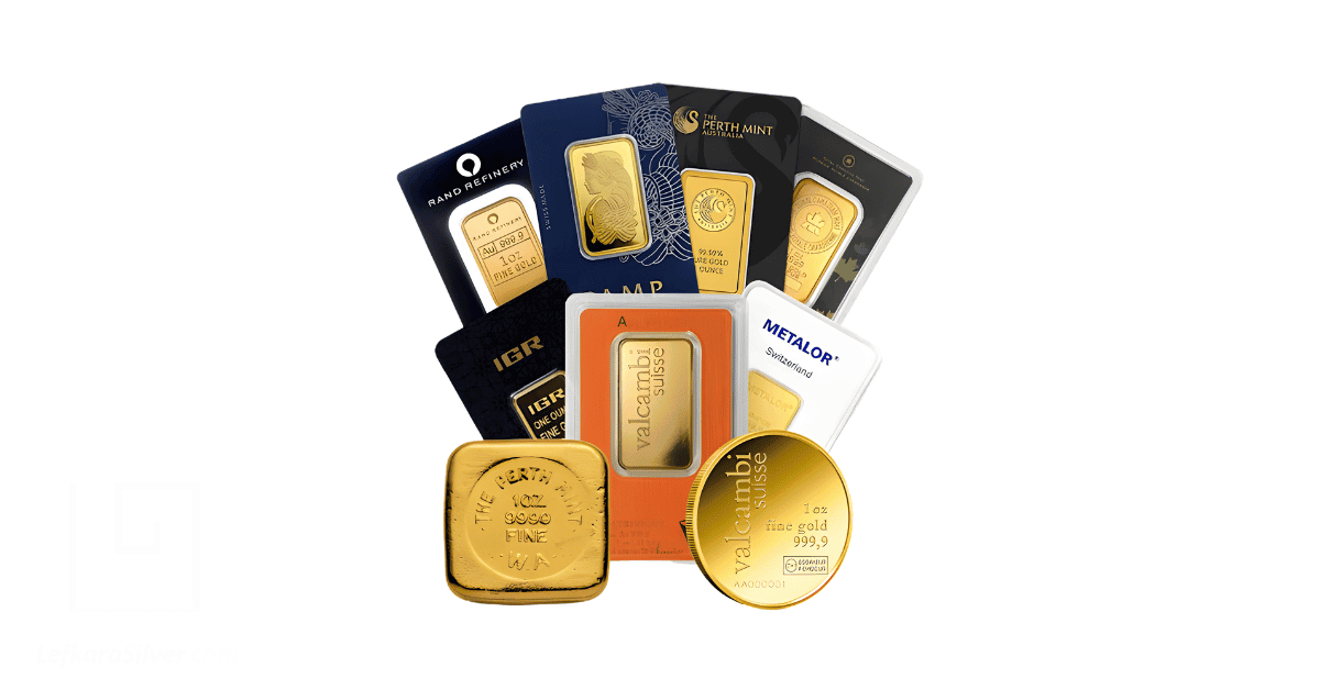 Different gold bars packaged for sale.