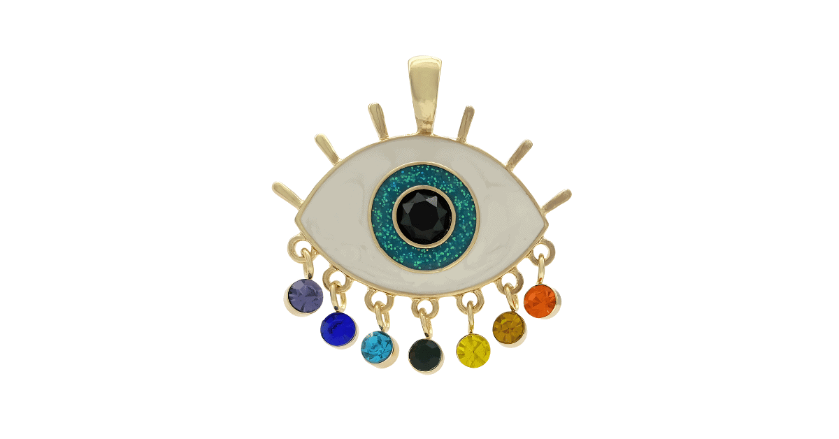 An evil eye pendant with rainbow colors.