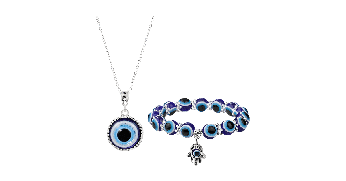 An evil eye necklace and bracelet with hamsa.