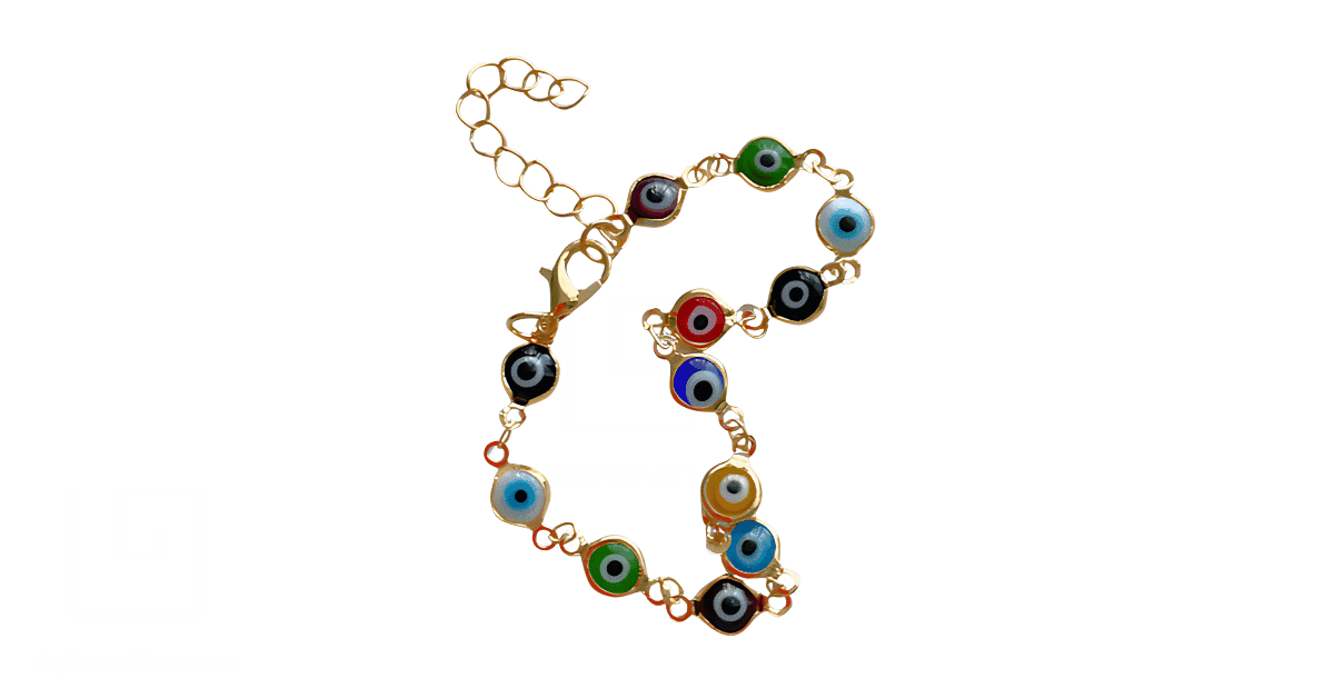 a gold evil eye bracelet.
