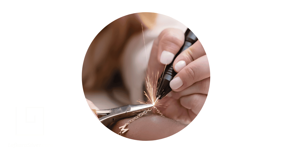 A jeweller hand zapping a permanent bracelet on a a person's wrist.