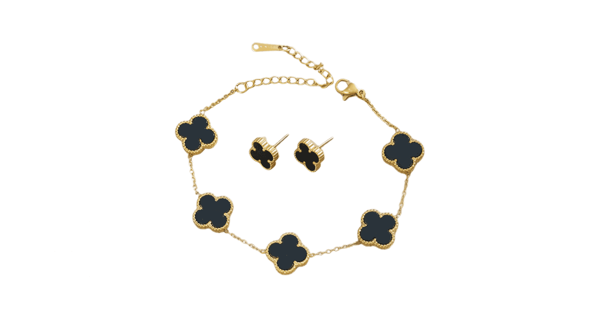Gold plated clover bracelet and pair of earrings. 