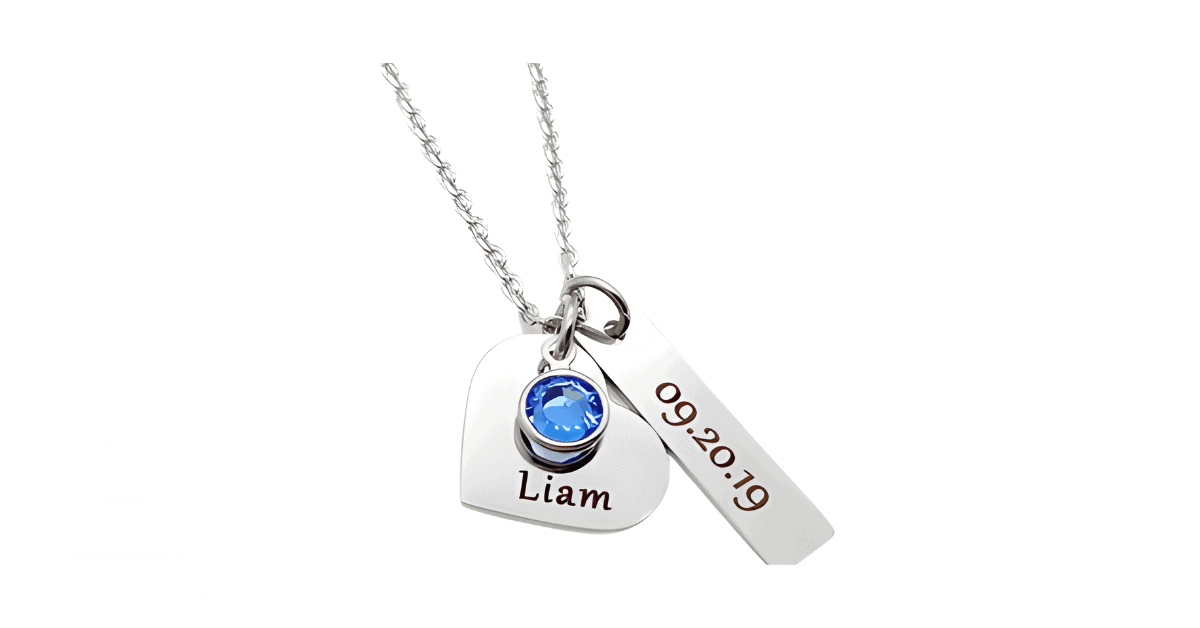 a personalized birthstone pendant for a mother with her child's name and date of birth. 