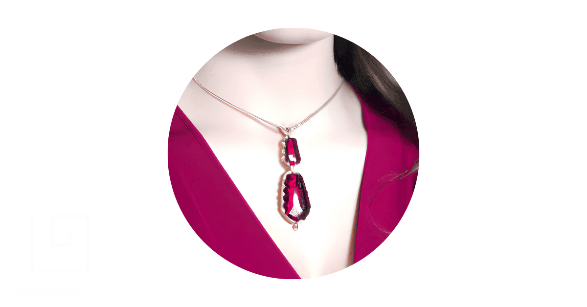 a woman's neck adorned with a necklace with a ruby pendant. 