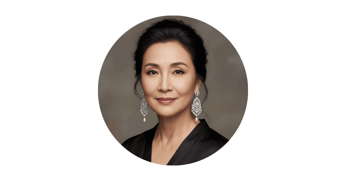 a woman with an oval-shaped face wearing a pair of chandelier earrings.