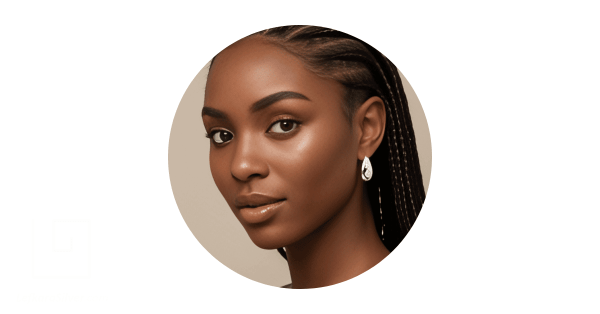 a woman with a heart-shaped face wearing a drop earring.