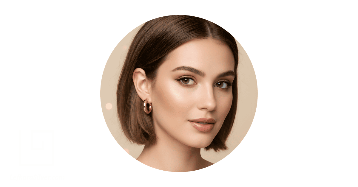 A woman with an oval-shaped face, wearing a huggie earring.