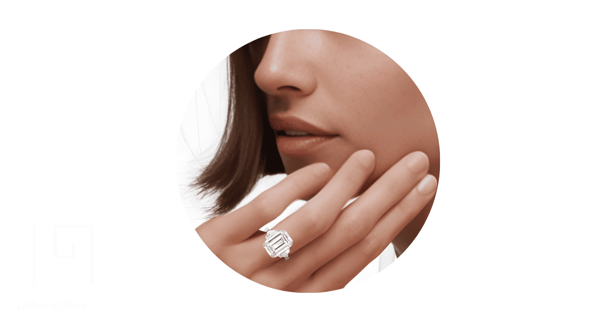a woman's finger adorned with a bold diamond engagement ring.