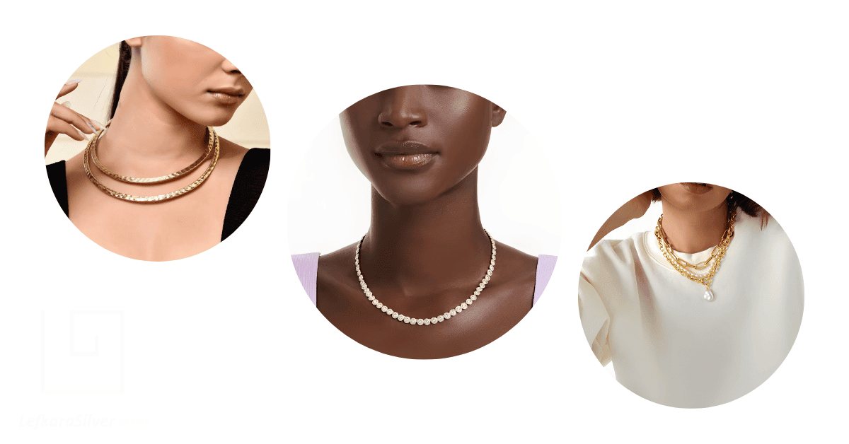 Three women's necks adorned with different necklaces.