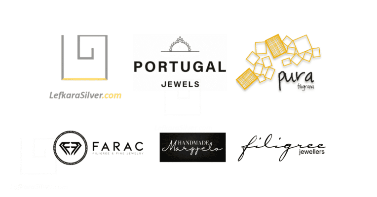 The Lefkara Silver logo and 6 other filigree jewelers' logos on a plain white background.