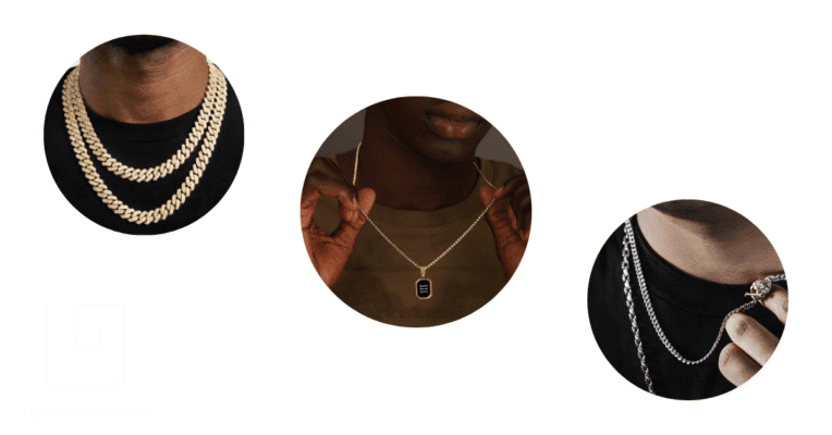 Three men's necks adorned with different necklaces.