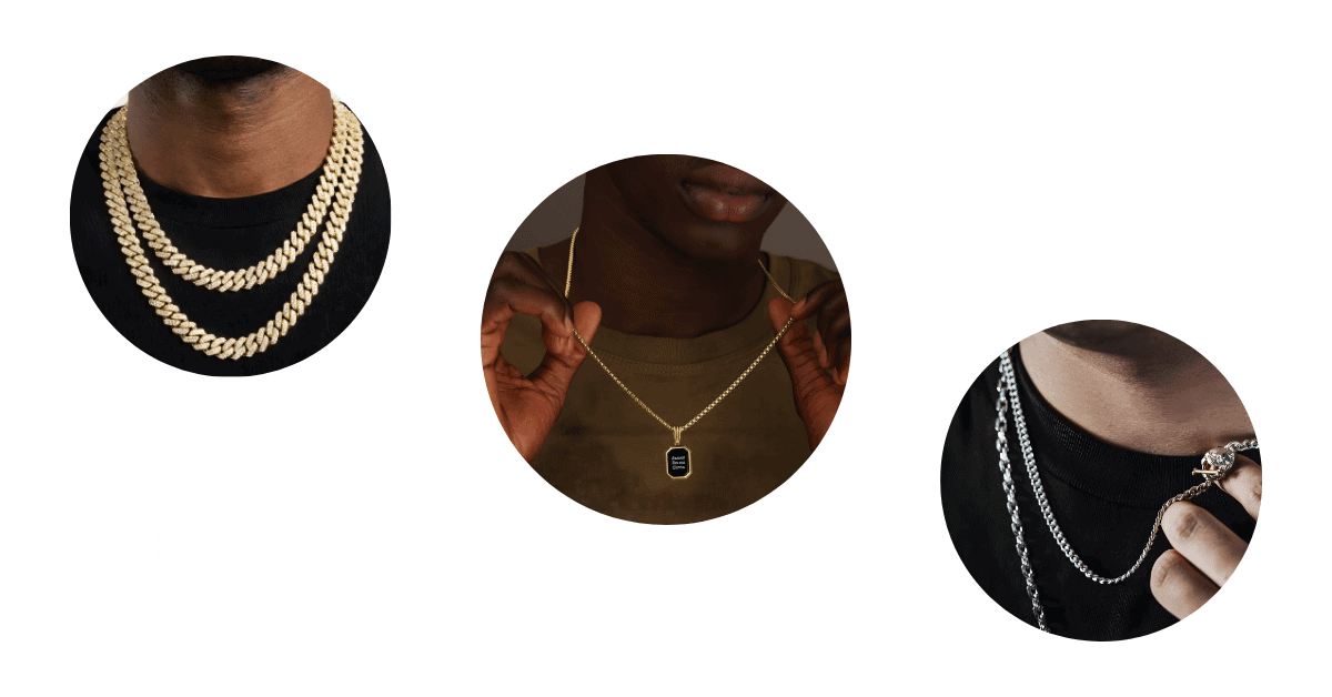 Three men's necks adorned with different necklaces.