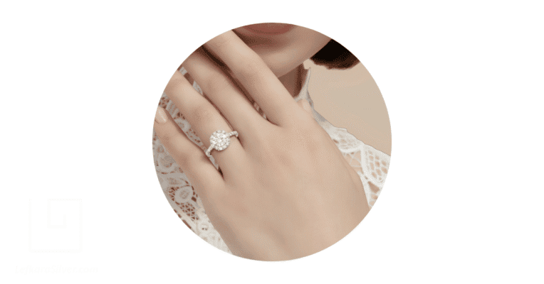 A woman wearing a diamond wedding ring