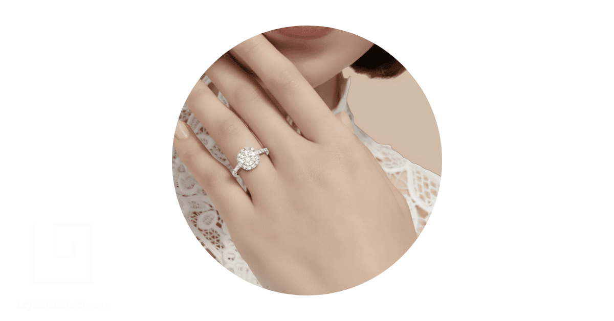 A woman wearing a diamond wedding ring