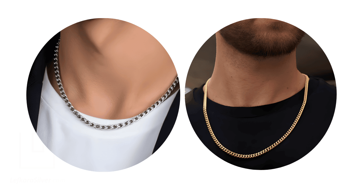 Two men wearing silver and gold necklaces, respectively.