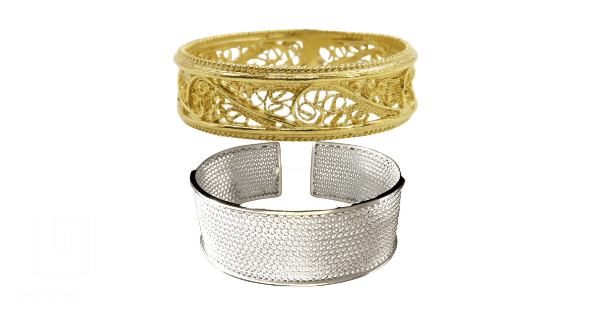 Gold and silver filigree bracelets.