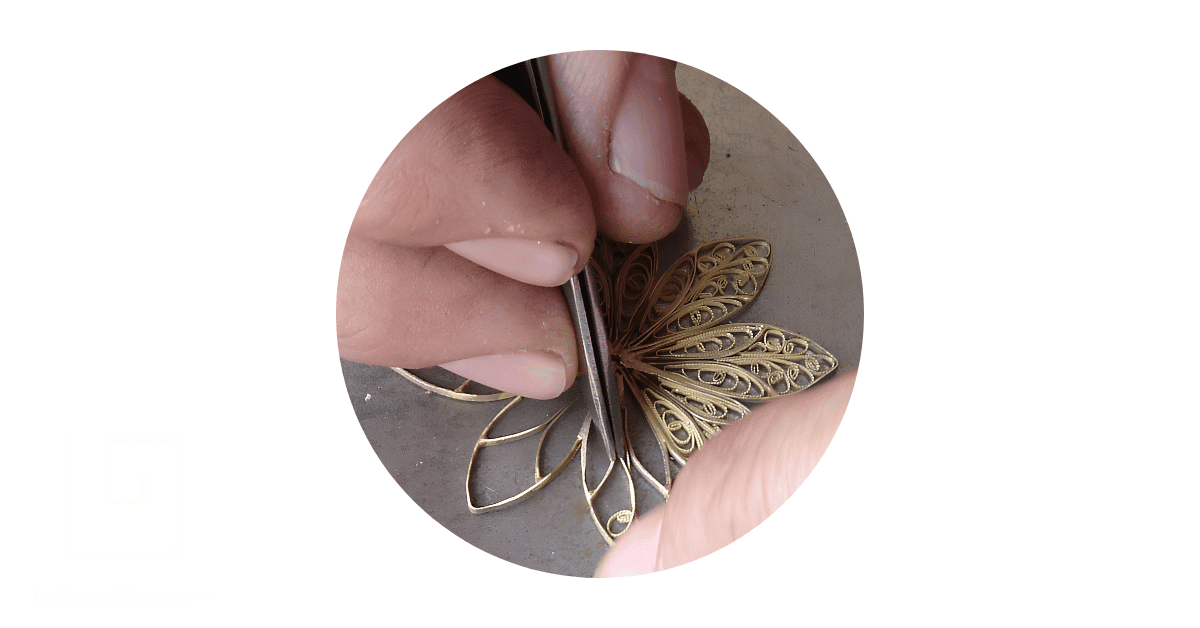 The making of filigree jewelry.