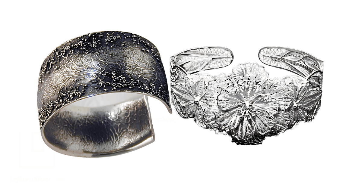 granulation bangle and filigree bangle, representing what is filigree, and how it is different from granulation.