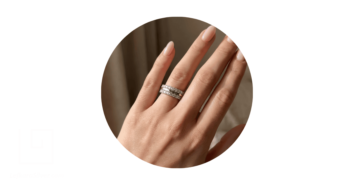 a woman's fingers, with a white-gold ring on one of them.